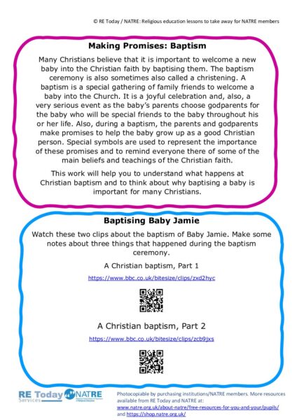 F2 7 11 RE Today and NATRE home learning mem Baptism pdf