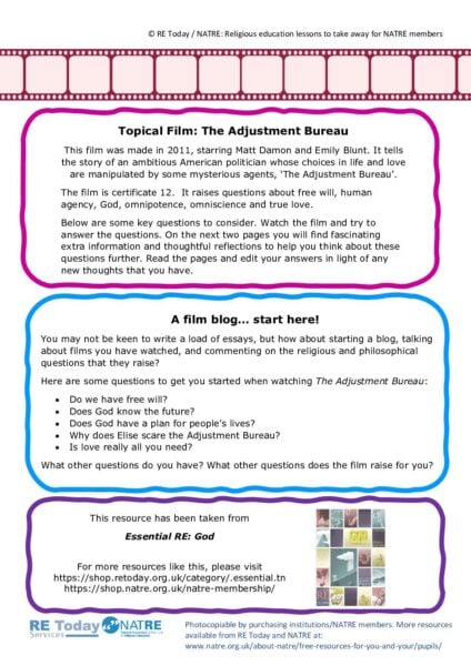 4 14 19 RE Today and NATRE home learning mem Topical film Adjustment Bureau pdf
