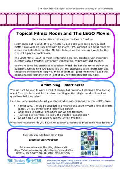 4 14 19 RE Today and NATRE home learning mem Topical film Room and Lego Movie pdf