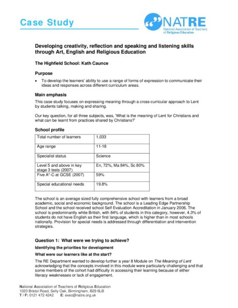 Developing creativity reflection and speaking and listening skills through Art English and Religious Education pdf