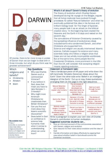 F3 11 14 RE Today and NATRE home learning mem A Z of Religion D is for Darwin pdf