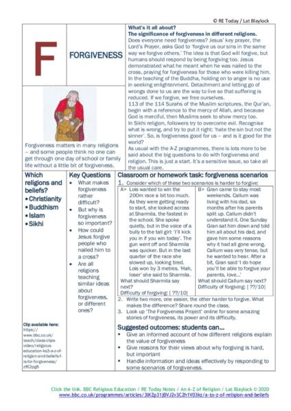 F3 11 14 RE Today and NATRE home learning mem A Z of Religion F is for Forgiveness pdf