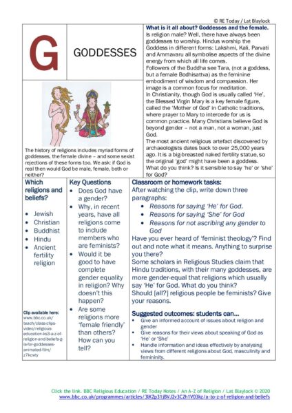 F3 11 14 RE Today and NATRE home learning mem A Z of Religion G is for Goddesses pdf