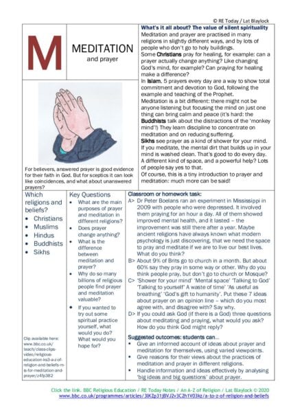F3 11 14 RE Today and NATRE home learning mem A Z of Religion M is for Meditation pdf