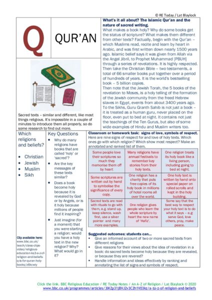 F3 11 14 RE Today and NATRE home learning mem A Z of Religion Q is for Quran pdf