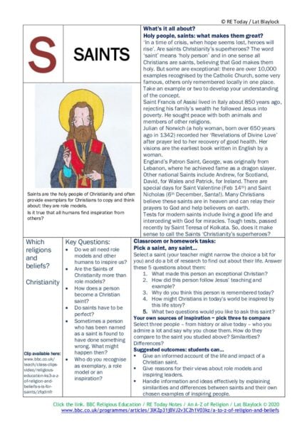 F3 11 14 RE Today and NATRE home learning mem A Z of Religion S is for Saints pdf