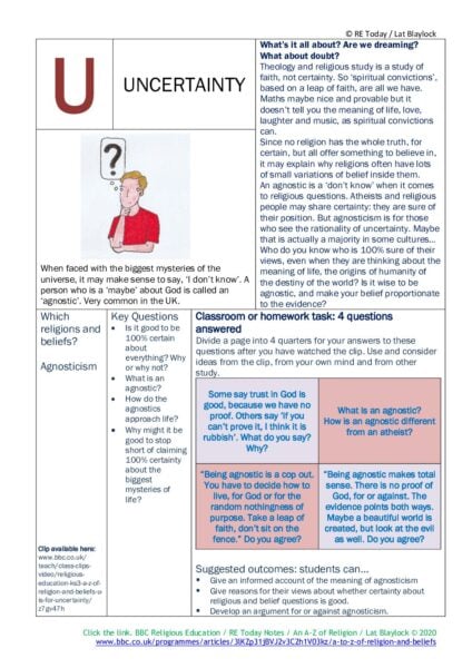 F3 11 14 RE Today and NATRE home learning mem A Z of Religion U is for Uncertainty pdf