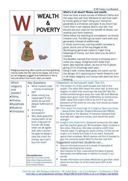 F3 11 14 RE Today and NATRE home learning mem A Z of Religion W is for Wealth and Poverty pdf