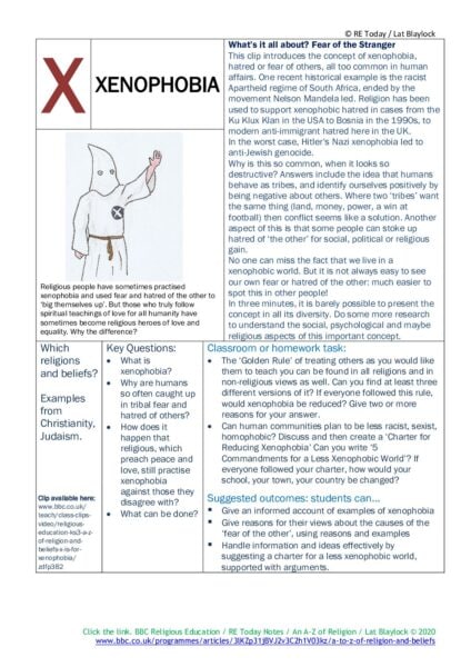 F3 11 14 RE Today and NATRE home learning mem A Z of Religion X is for Xenophobia pdf