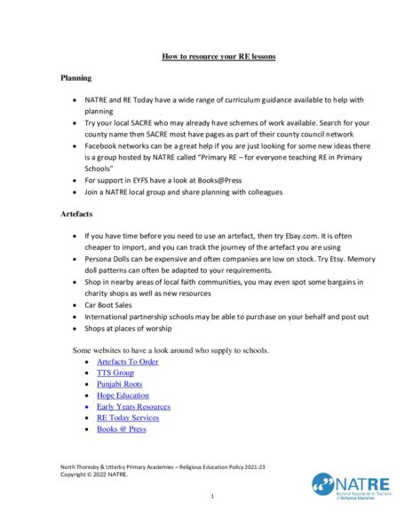 How to resource RE lessons Artefacts pdf