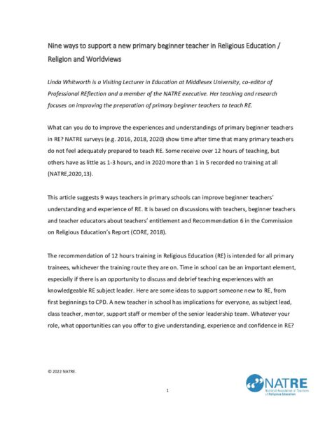 NATRE 9 Ways to support a new primary beginner teacher in RE Religion and Worldviews pdf