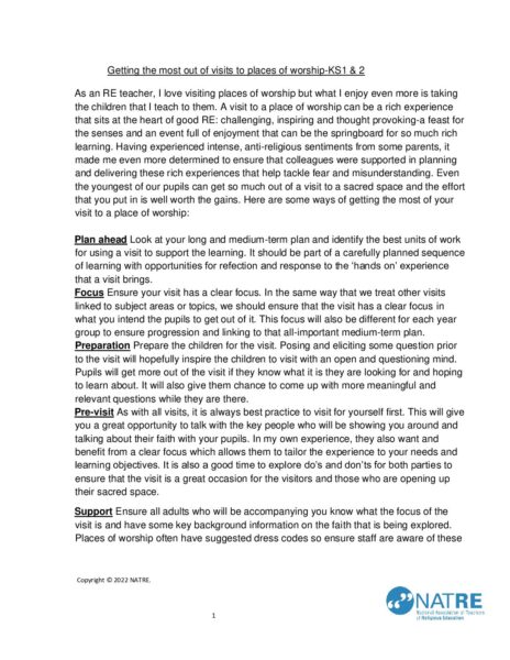 NATRE Getting the most out of visits to places of worship in KS1 and KS2 pdf