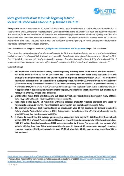 NATRE School Workforce report Nov 2020 data released 2021 pdf