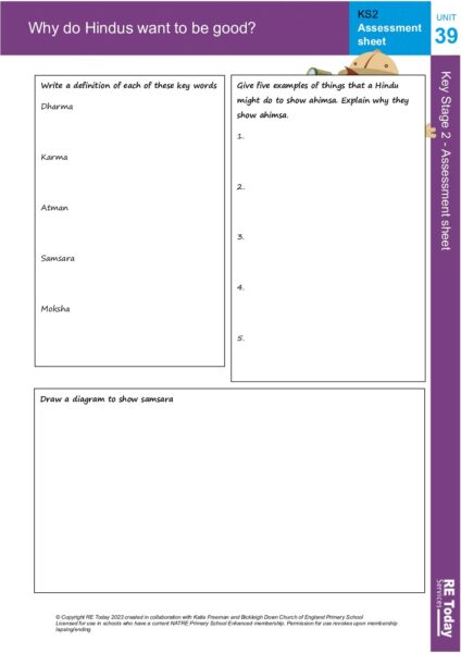 Why do Hindus want to be good assessment sheet U39 pdf
