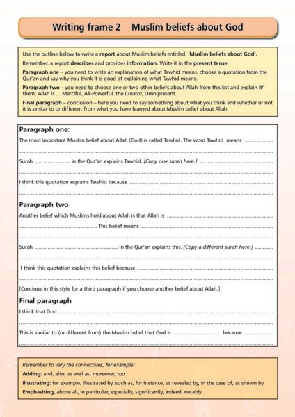 writing frame2 Muslim beliefs about God pdf